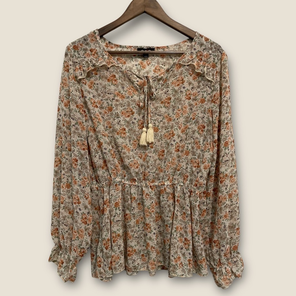 Gigio Floral Print Women's Long Sleeve Sheer Tassel Tie Top MEDIUM
